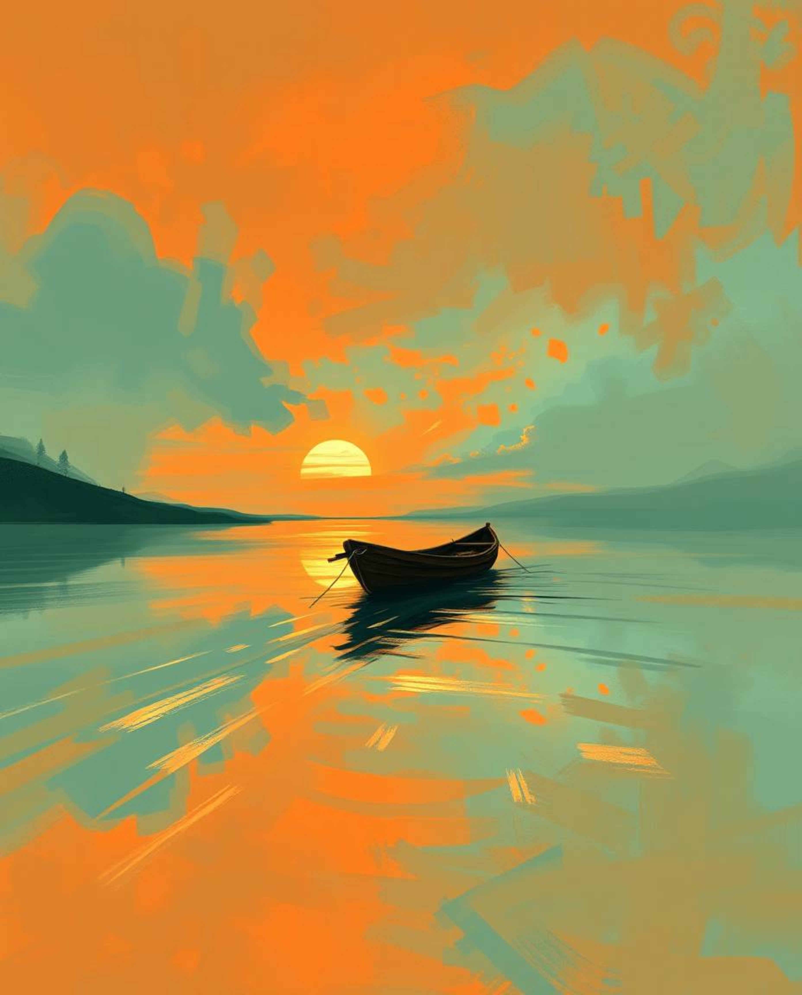 This is a dynamic digital sketch of a boat drifting on a lake at sunset. The artwork is rendered with loose, painterly stroke