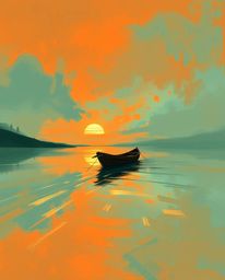 This is a dynamic digital sketch of a boat drifting on a lake at sunset. The artwork is rendered with loose, painterly stroke