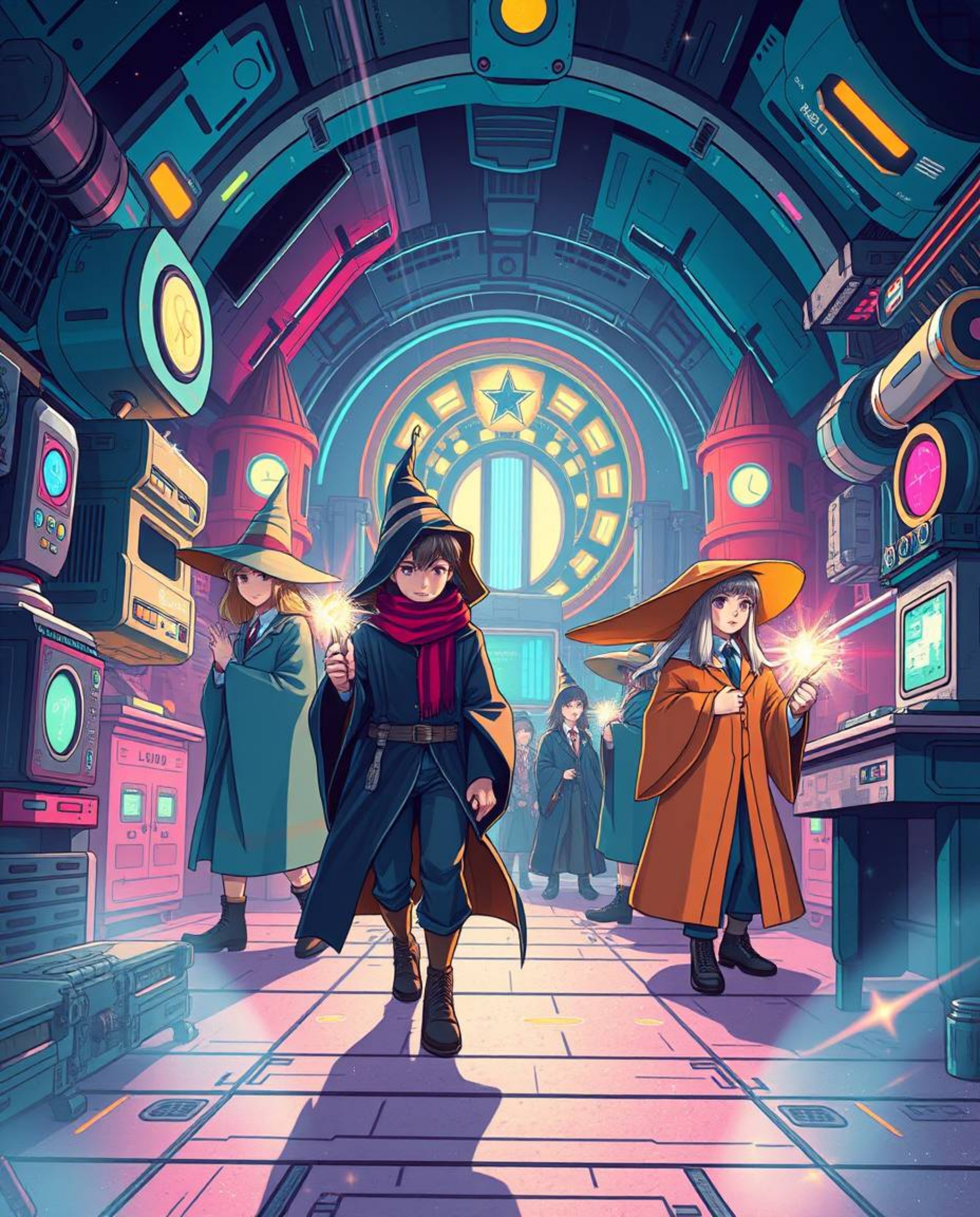 A captivating illustration depicts a futuristic magical school brimming with young wizards.  The artwork showcases a vibrant 