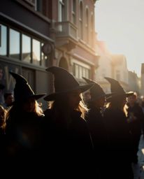 A candid street photograph capturing silhouetted young wizards in a magical school, backlit by a vibrant urban scene with iri