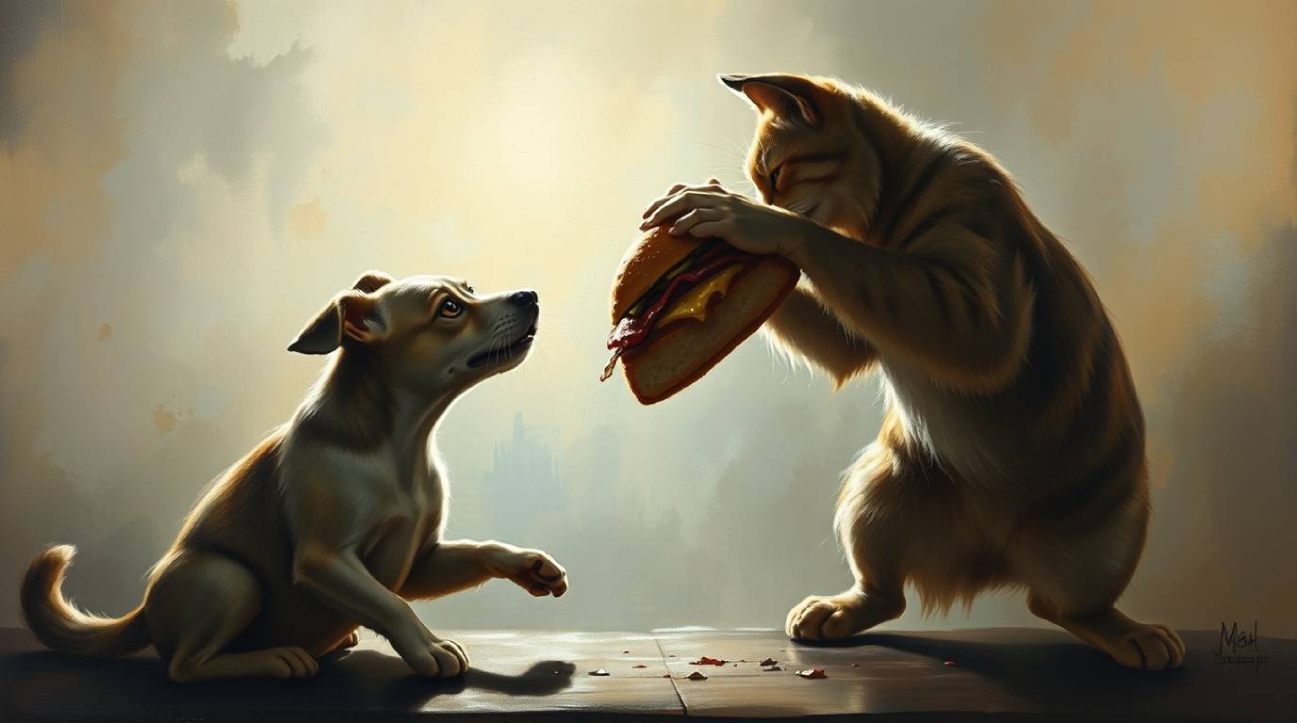 A captivating oil painting depicts a dramatic scene of a dog and cat fiercely battling over an enormous sandwich.  The artwor