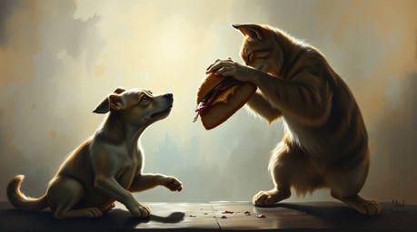 A captivating oil painting depicts a dramatic scene of a dog and cat fiercely battling over an enormous sandwich.  The artwor
