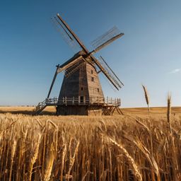 A classic image of rural tranquility, this scene features a traditional wooden windmill proudly silhouetted against a backdro