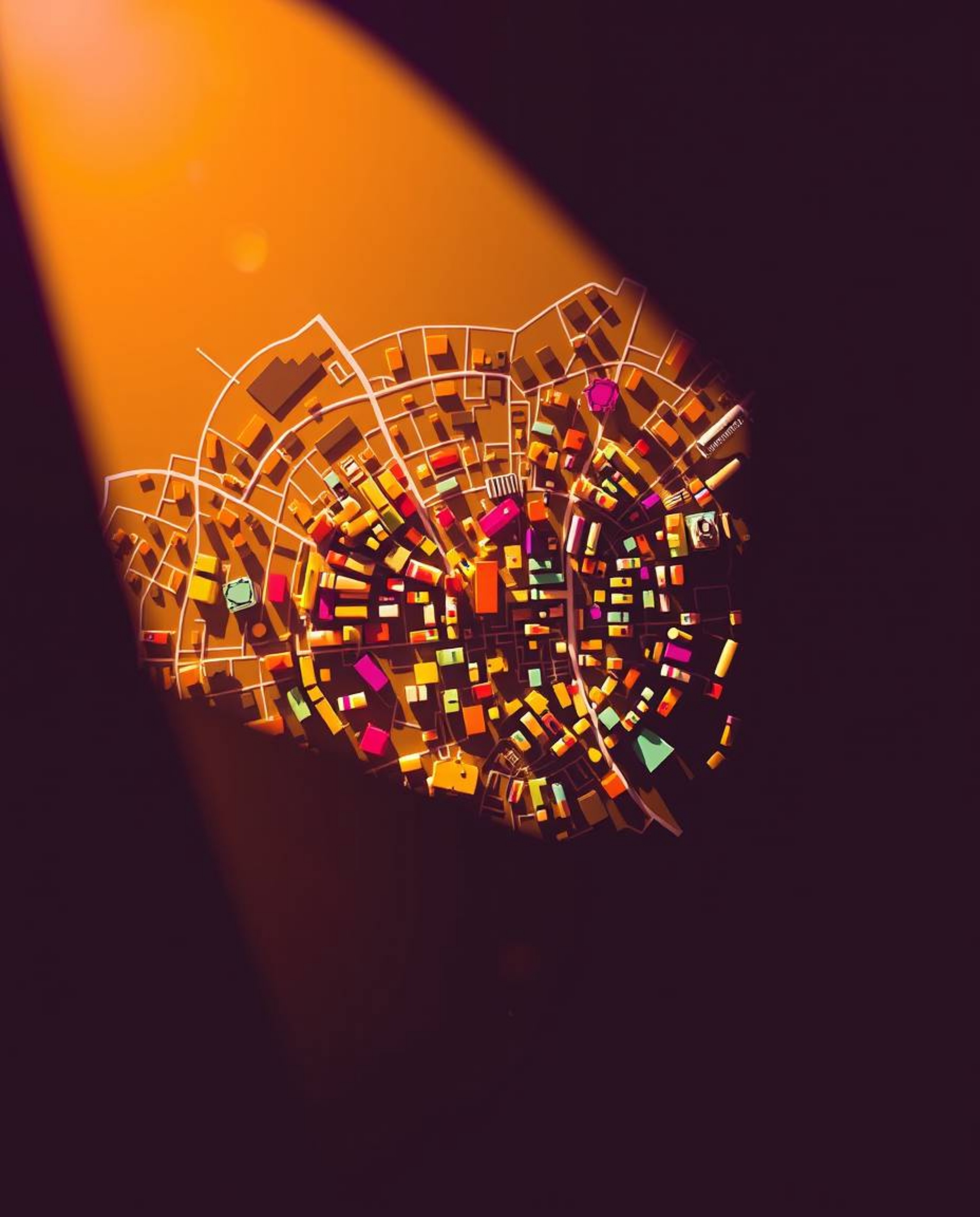 This vibrant abstract city map utilizes geometric shapes to create a stunning top-down view, enhanced by silhouetted backligh
