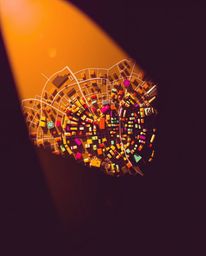 This vibrant abstract city map utilizes geometric shapes to create a stunning top-down view, enhanced by silhouetted backligh
