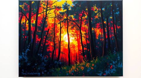 A bold acrylic painting captures the intense drama of sunset light filtering through a dense forest.  Vibrant colors and text