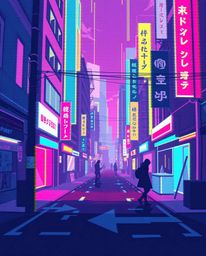 Explore a pixelated glitch image depicting a cyberpunk street scene rendered in a modern flat design style. This artwork conv