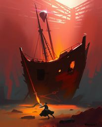 Explore a captivating digital sketch of a shipwreck bathed in warm, underwater light. This atmospheric artwork utilizes loose
