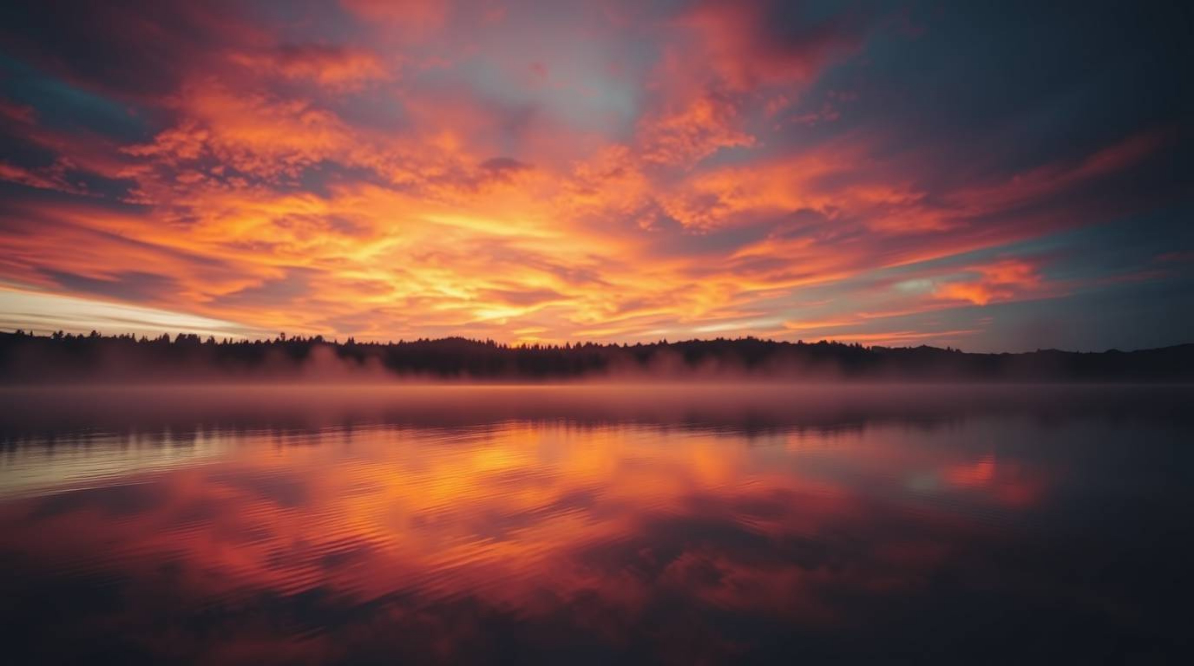 Experience the tranquility of a serene lake perfectly reflecting a vivid sunset sky. This stunning low-angle view captures a 