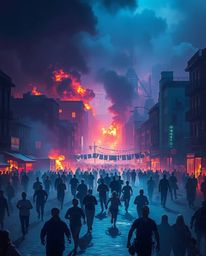 A dramatic and visually stunning scene unfolds, portraying a city consumed by flames as people flee in panic.  The chaotic sc