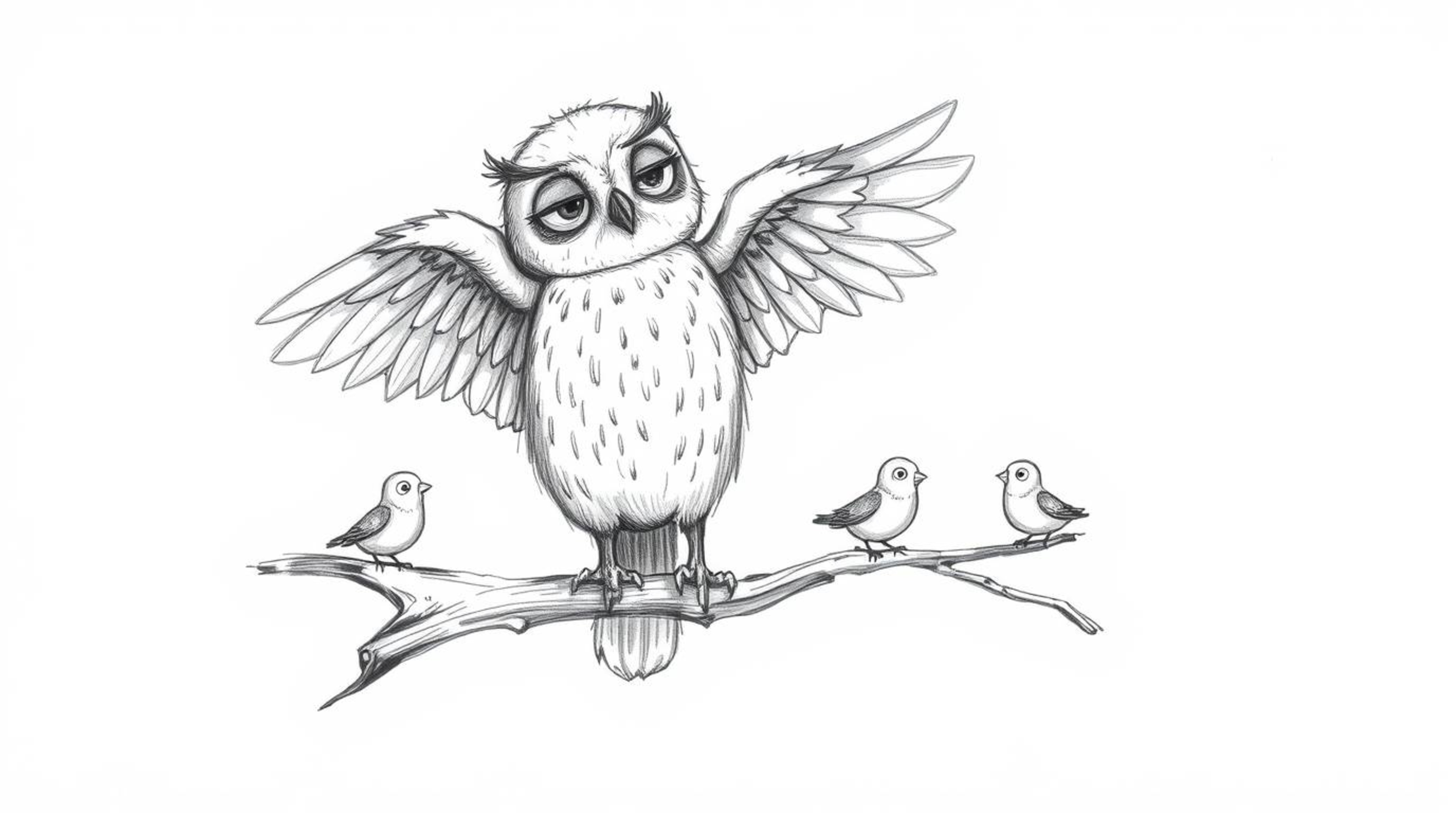 A heartwarming, hand-drawn sketch in the style of Pixar portrays a blind owl, its soft feathers meticulously rendered, dilige