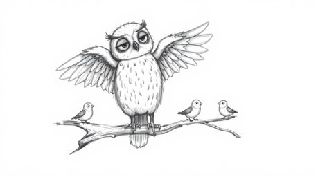A heartwarming, hand-drawn sketch in the style of Pixar portrays a blind owl, its soft feathers meticulously rendered, dilige