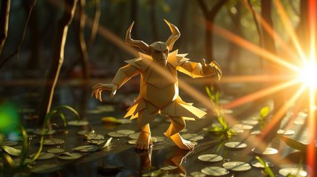 A captivating image of an intricately folded paper ogre dancing in a swamp, illuminated by a bright lens flare.  The geometri