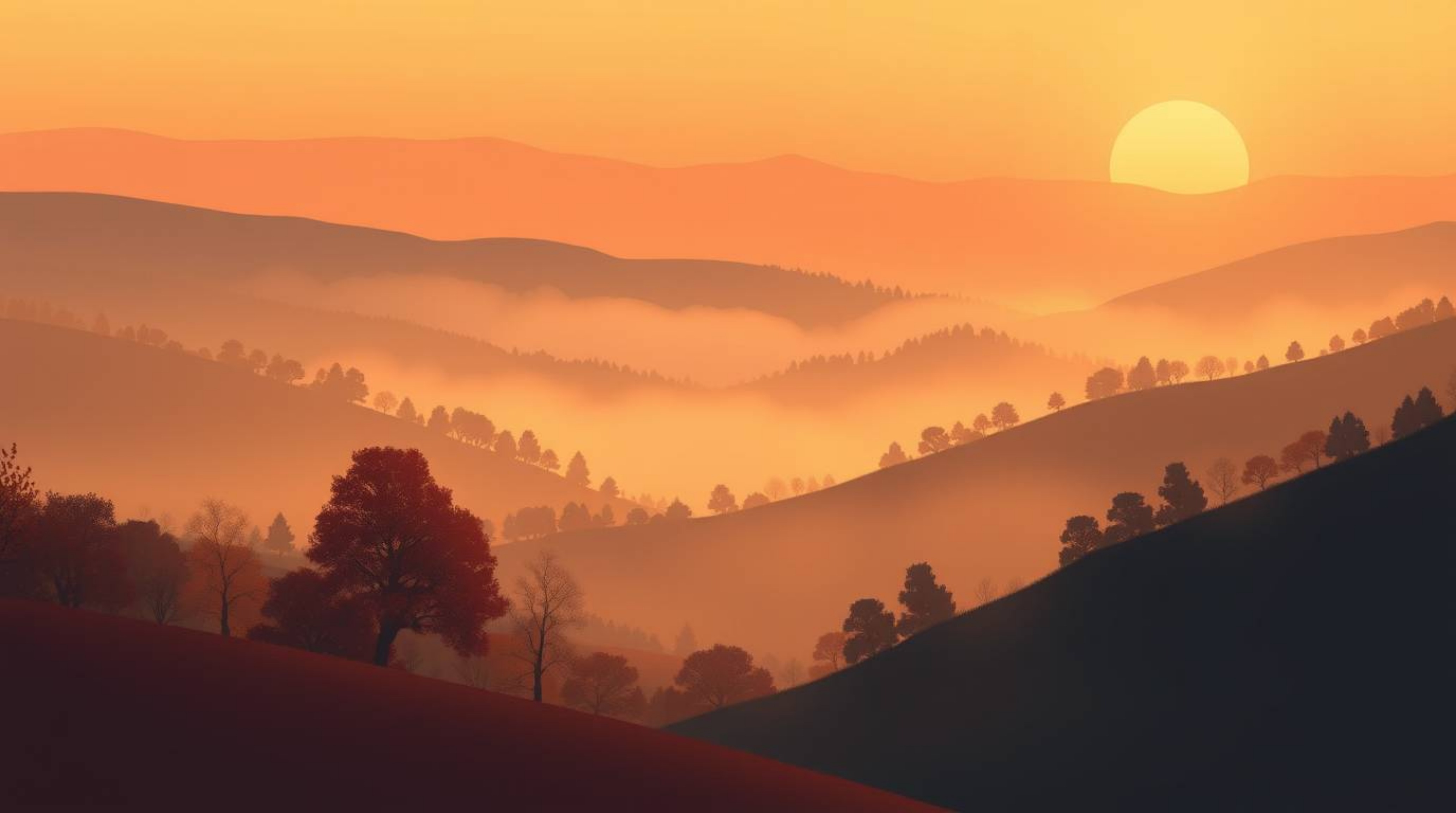 Explore a modern flat design illustration featuring warm autumn colors and fog-covered hills bathed in the soft light of a se