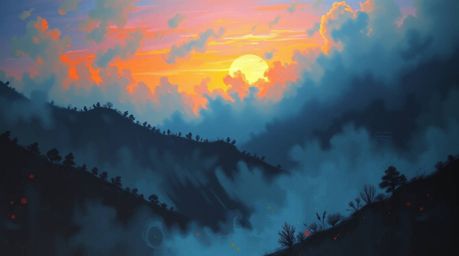 This eerie acrylic painting showcases vibrant colors and textured brushstrokes depicting fog-covered hills with a dramatic su