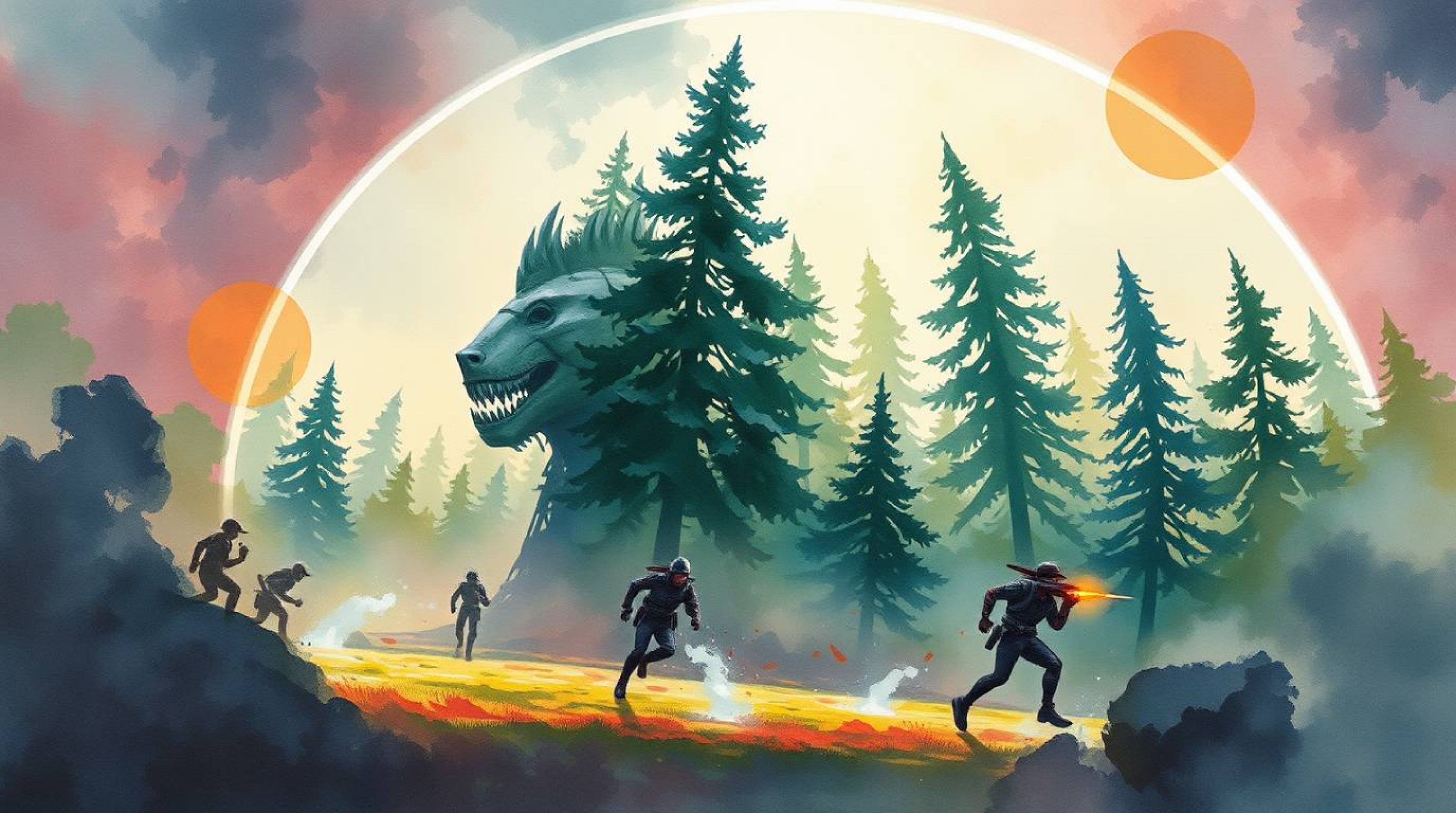 Immerse yourself in an epic watercolor painting depicting a modern future scene. Witness a heroic chase through a looping for
