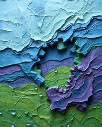 Explore a mesmerizing digital glitch landscape where textured layers of blues, greens, and purples break apart, revealing scu