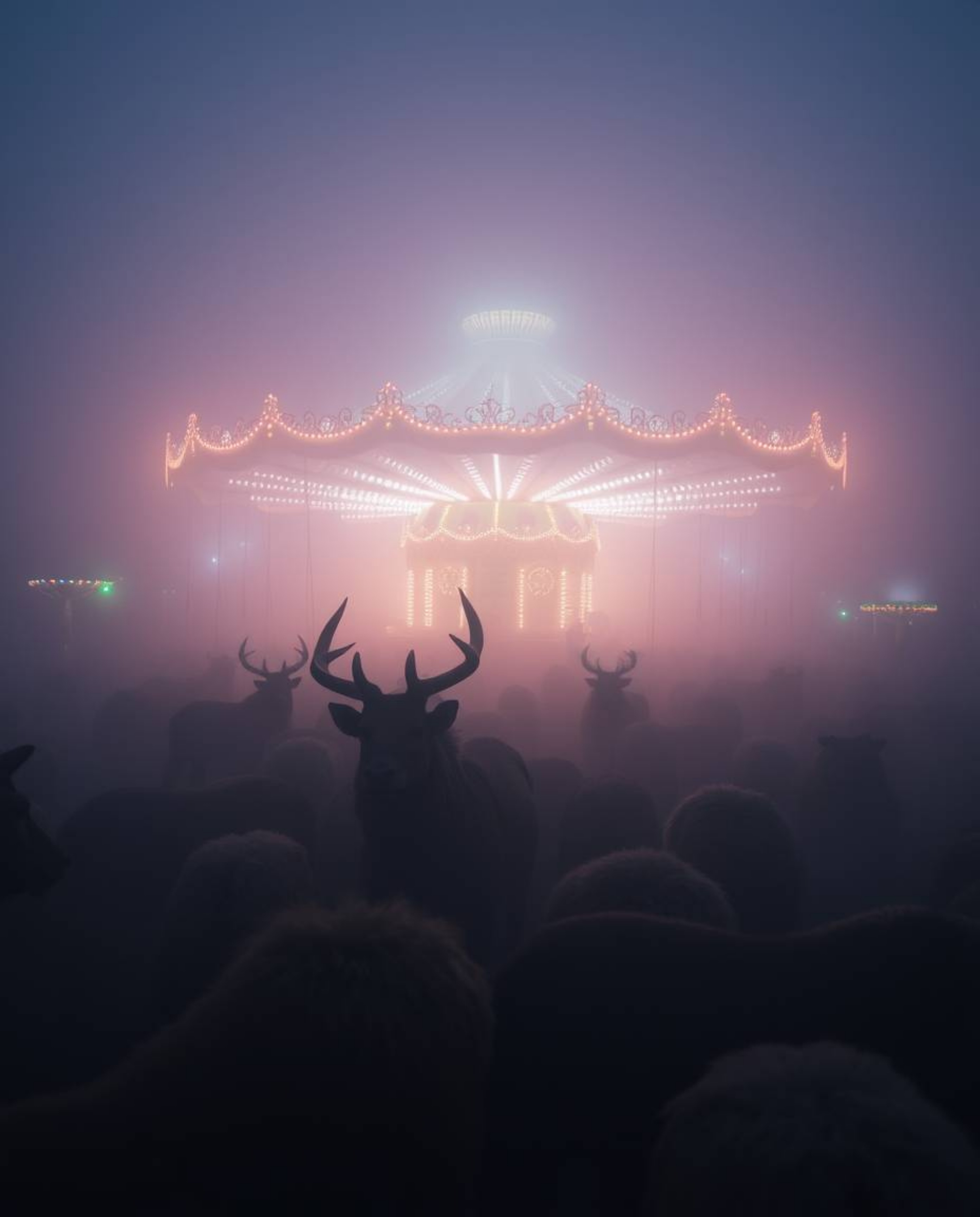 A surreal carnival scene where the vibrant atmosphere is disrupted by the presence of wild animals and obscured by a thick, m