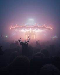 A surreal carnival scene where the vibrant atmosphere is disrupted by the presence of wild animals and obscured by a thick, m