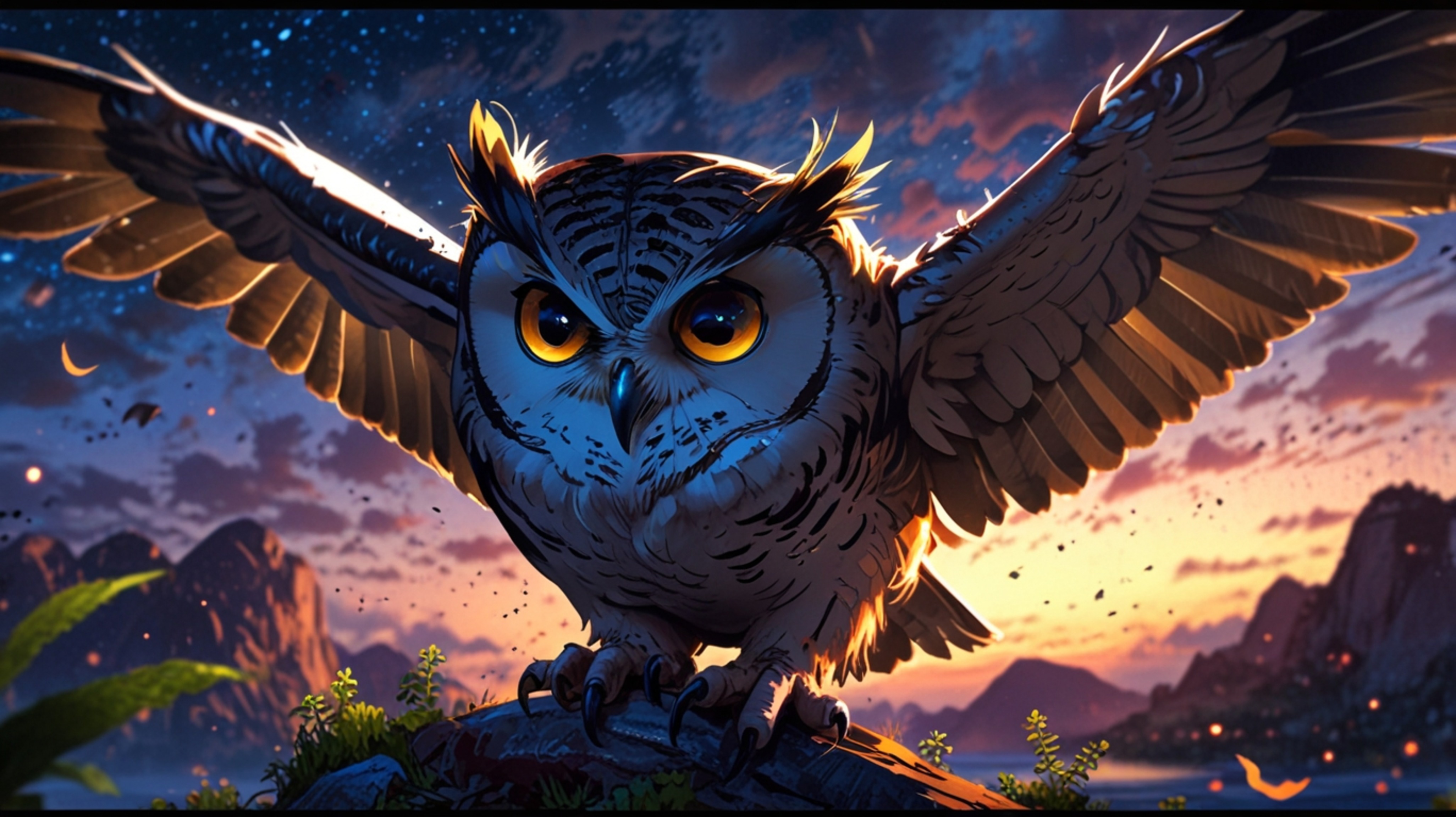 In a stunningly beautiful nighttime scene, created with the emotive depth of Pixar and the artistic grace of anime, a wise bl