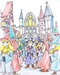 Discover a captivating hand-drawn illustration of a magical school brimming with young wizards.  This vibrant artwork feature