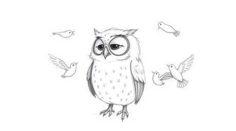 A heartwarming Pixar-style sketch depicts a blind owl with gentle features and slightly ruffled feathers.  Despite its blindn