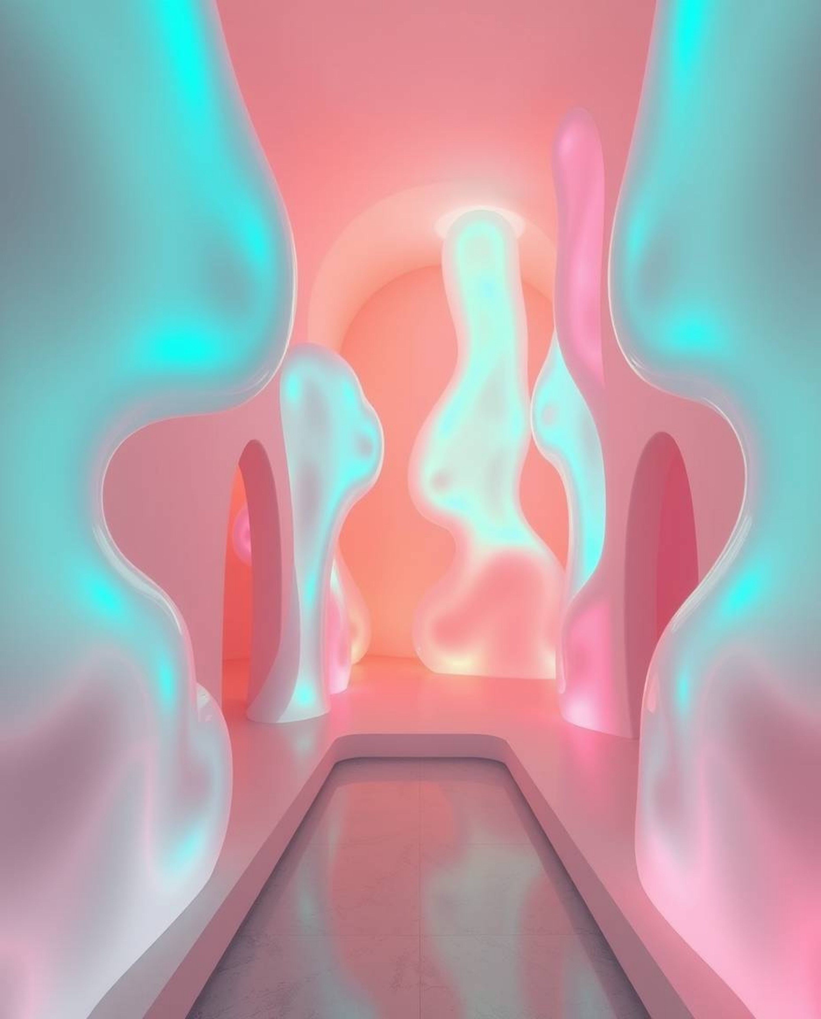 Explore stunning architectural photography featuring glowing bioluminescent abstract liquid forms in 3D.  Captured with paste