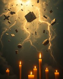 Experience a surreal storm scene featuring flying objects and broken gravity, all illuminated by the warm glow of candlelight