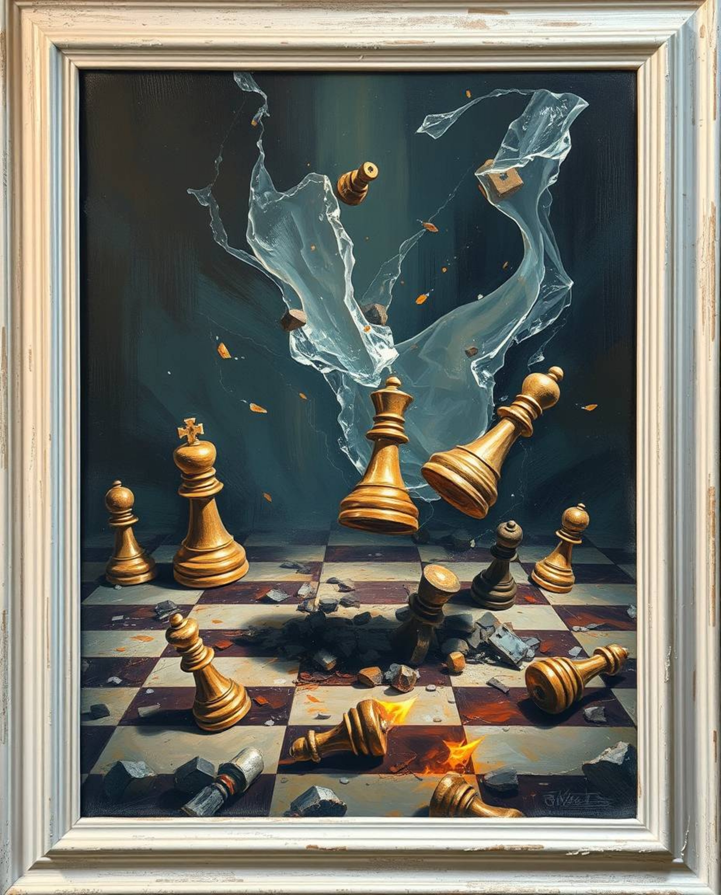 Explore the captivating blend of classic oil painting techniques and creative light art in this stunning piece. Witness a che