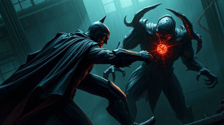 An eerie atmosphere dominates a scene depicting a superhero, cloaked in darkness, locked in combat with a villain. The scene 