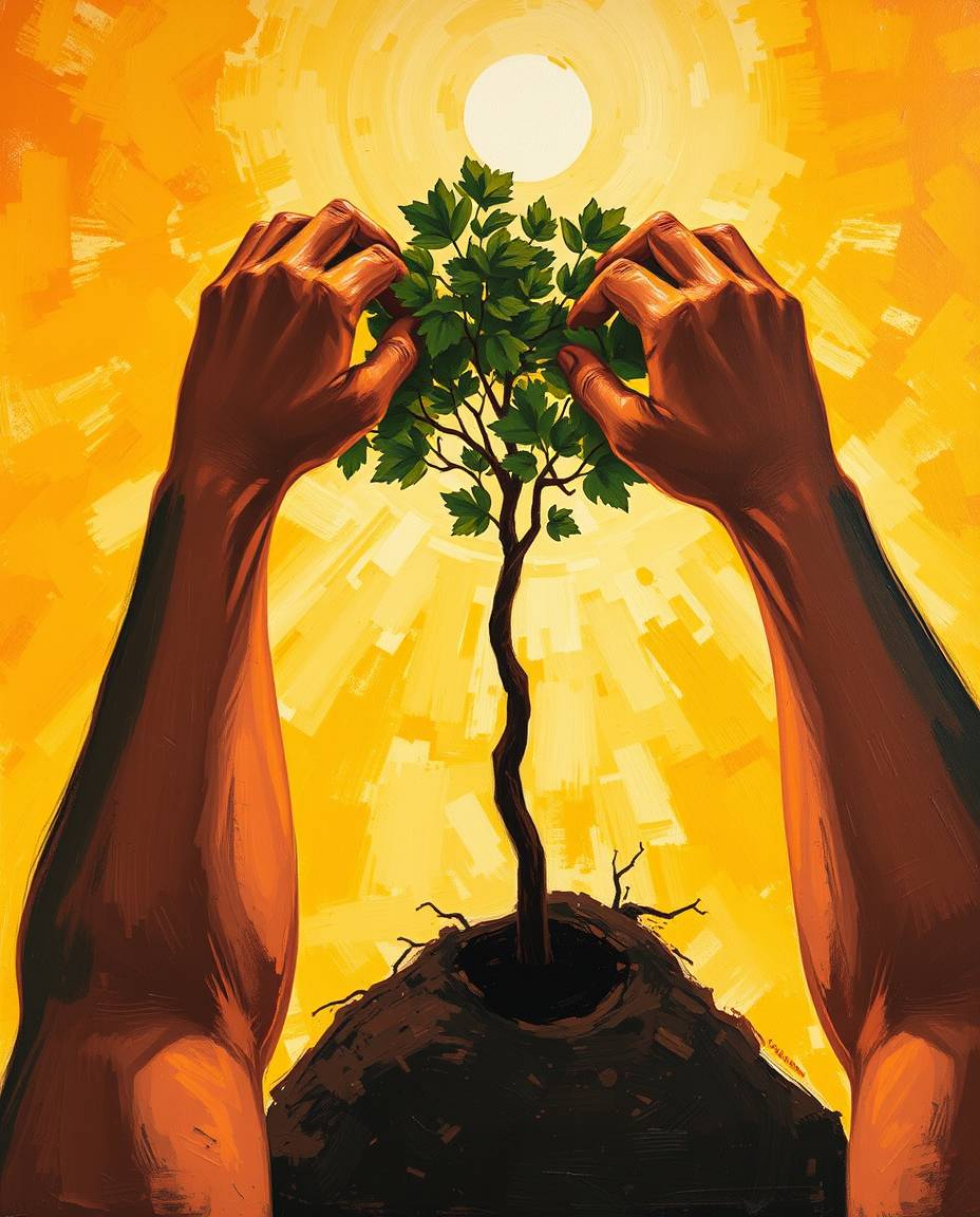 A captivating acrylic painting offers a unique bird's-eye perspective of hands planting a tree beneath a vibrant golden sky. 
