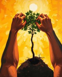A captivating acrylic painting offers a unique bird's-eye perspective of hands planting a tree beneath a vibrant golden sky. 
