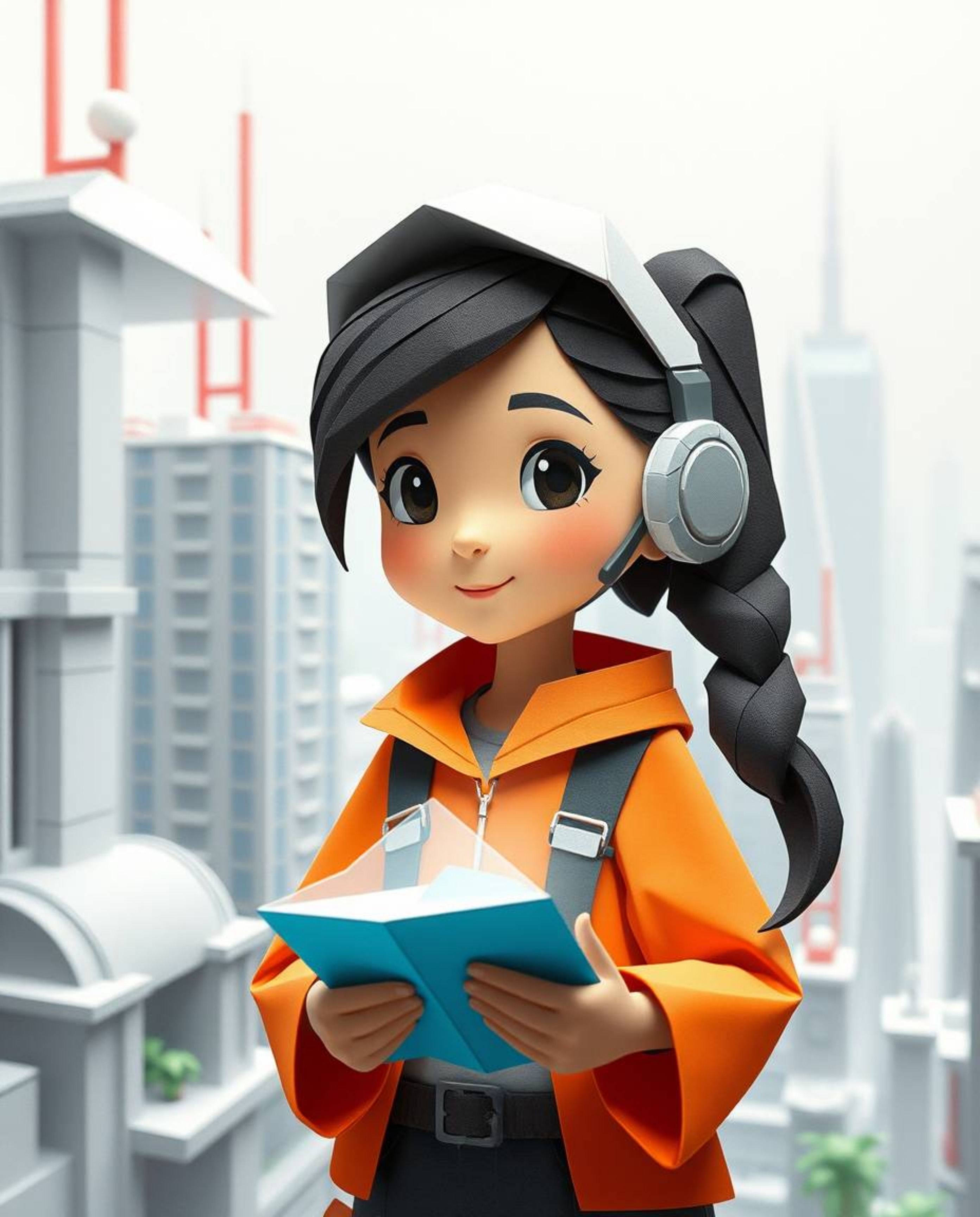 A captivating illustration of a young inventor girl in a futuristic city, rendered in a charming Pixar-like style. The image