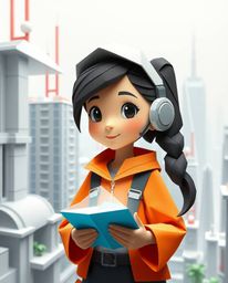 A captivating illustration of a young inventor girl in a futuristic city, rendered in a charming Pixar-like style.  The image