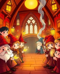 This charming illustration depicts a magical school brimming with adorable young wizards. The artwork features a warm color p