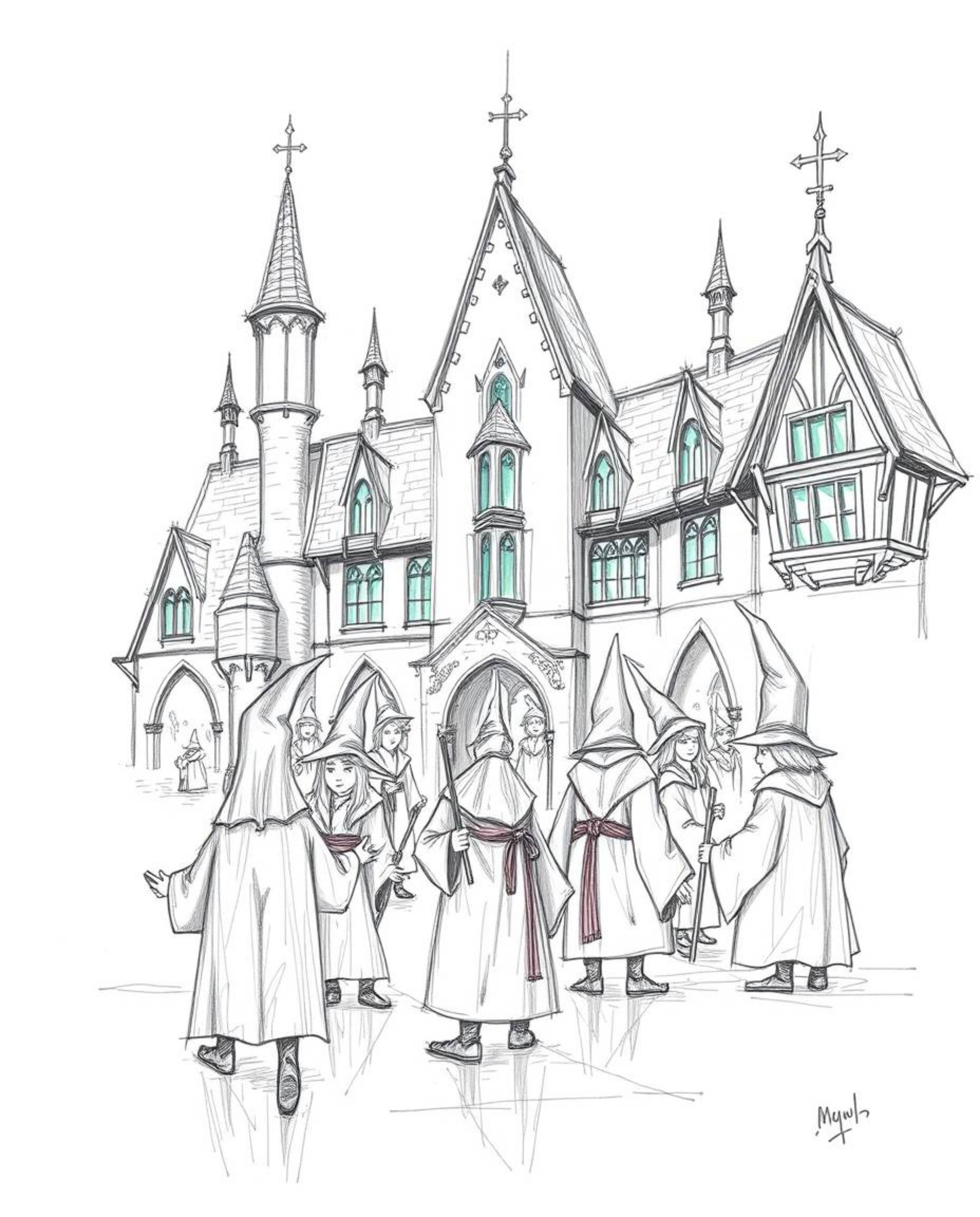 A captivating hand-drawn sketch depicts a magical school teeming with young wizards, brought to life with rough lines and tex