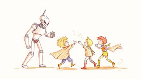 This hand-drawn sketch depicts an exciting scene of three superpowered children engaged in a dynamic battle against a menacin