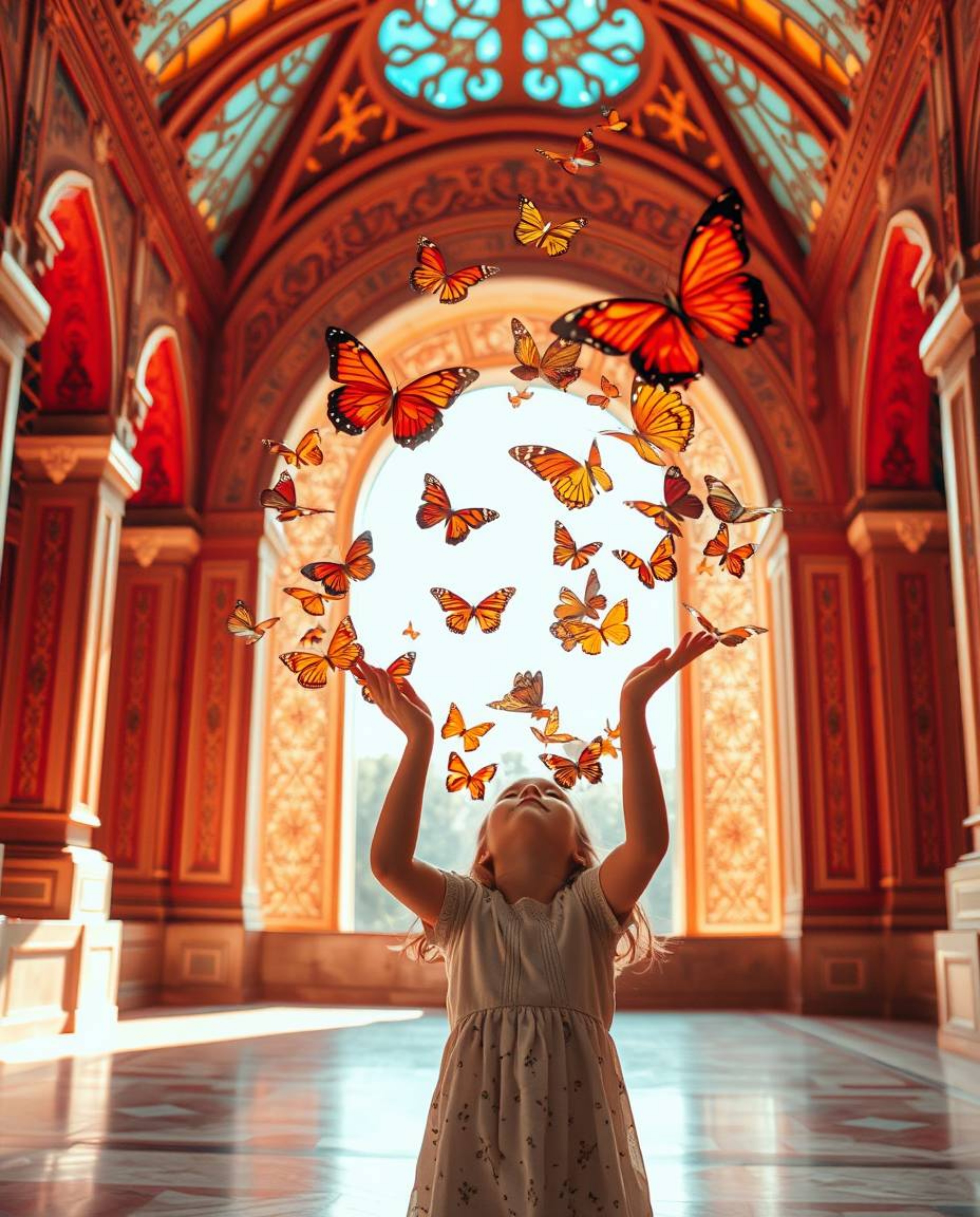 A captivating architectural color photograph showcases a girl gracefully releasing butterflies into the air, bathed in a symp