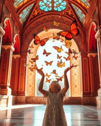 A captivating architectural color photograph showcases a girl gracefully releasing butterflies into the air, bathed in a symp