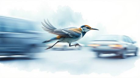 A vibrant watercolor painting captures a fast-running bird zooming past traffic with delicate strokes and translucent washes.