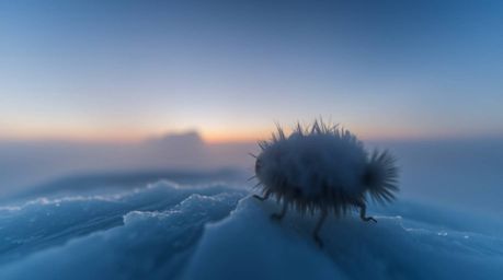 Experience the awe-inspiring beauty of a polar sunset over icy glaciers, captured in extreme macro close-up. This image unvei