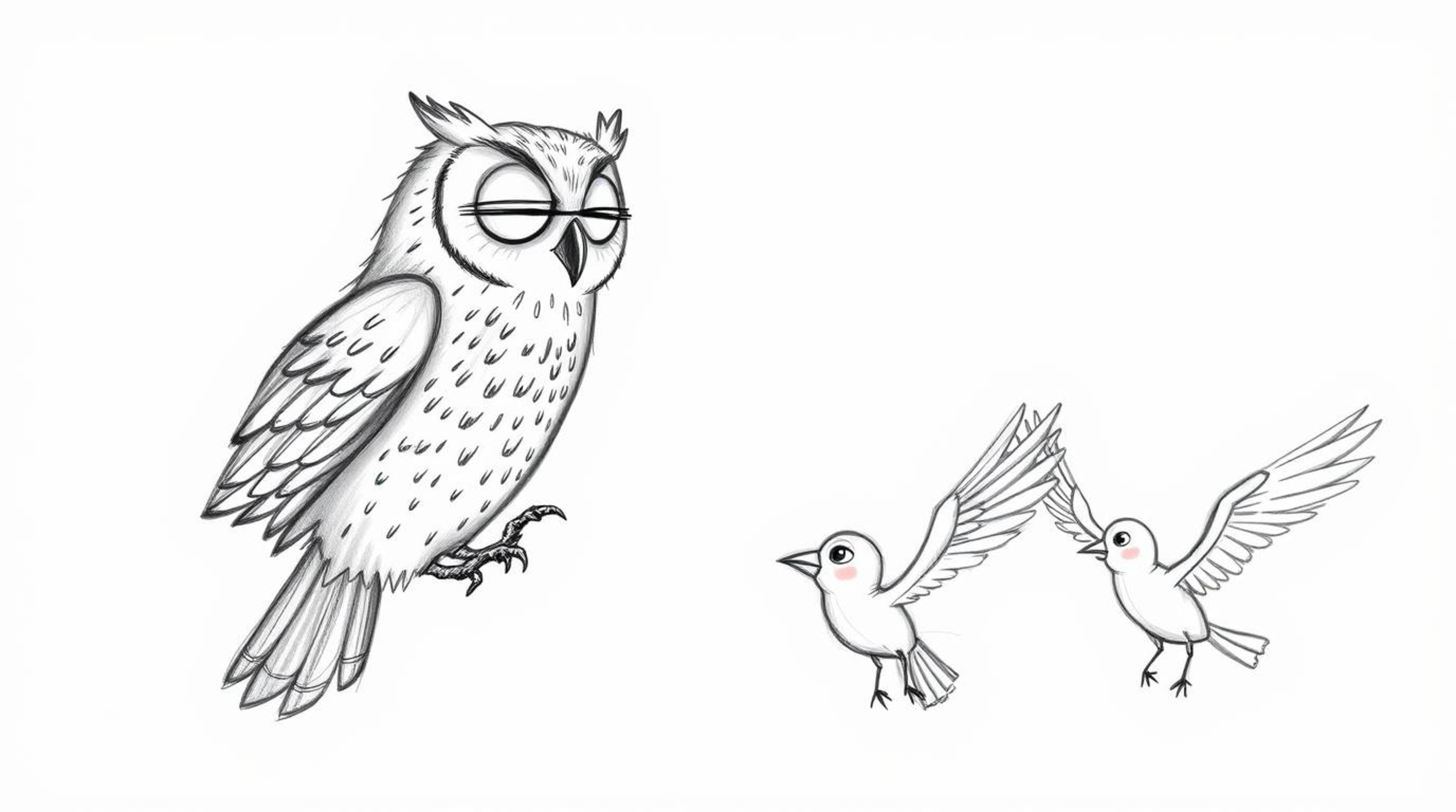 A heartwarming hand-drawn sketch in the style of Pixar depicts a blind owl gently guiding birds to fly. The birds, inspired b
