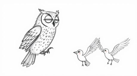 A heartwarming hand-drawn sketch in the style of Pixar depicts a blind owl gently guiding birds to fly. The birds, inspired b