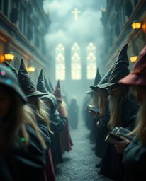 Explore a magical school brimming with young wizards in an extreme macro close-up, captured with breathtaking iridescent colo