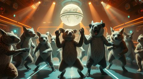 Experience a vibrant and futuristic animal dance party set under dazzling disco lights.  Rendered in a stunning sci-fi style 
