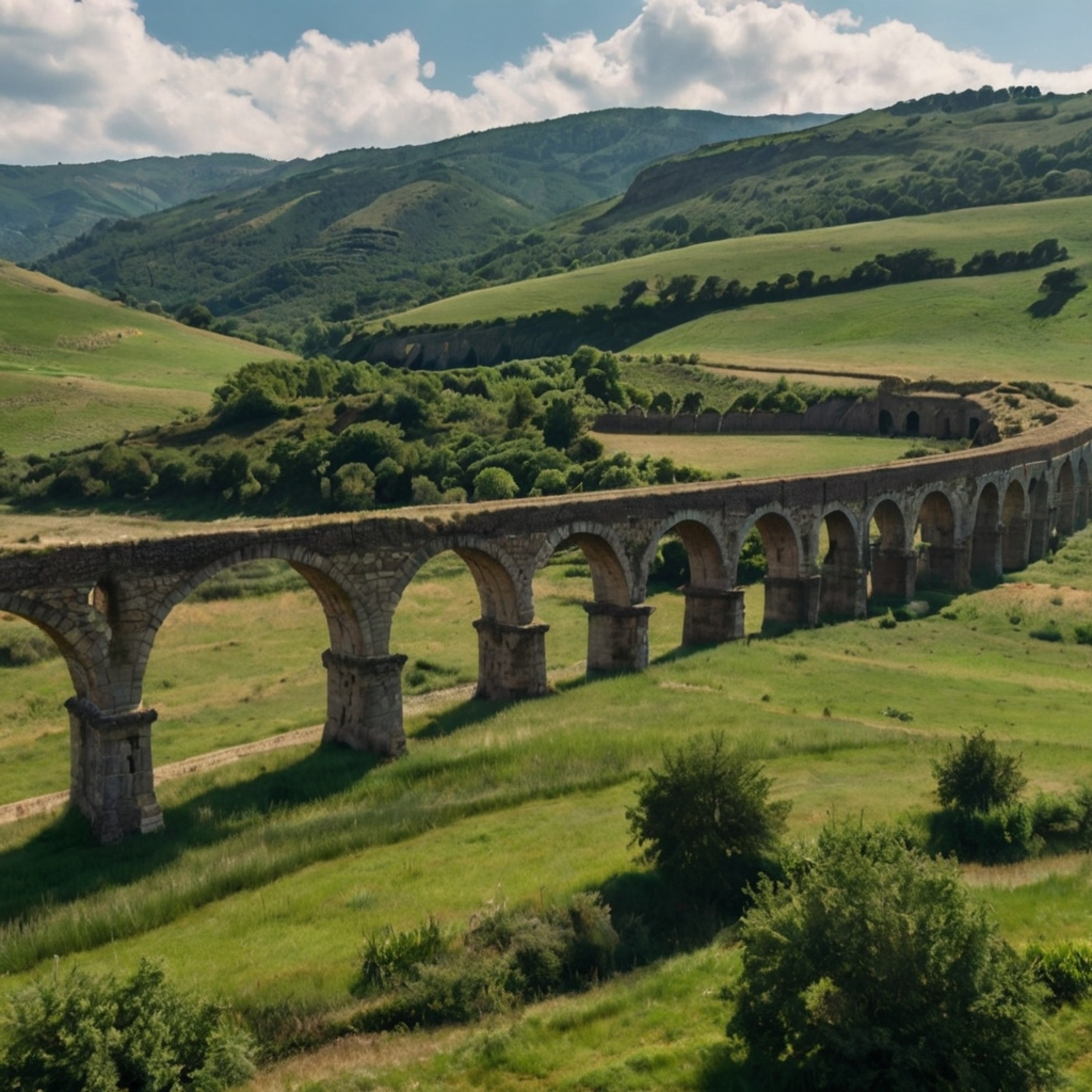 This image captures the timeless beauty of an ancient Roman aqueduct gracefully spanning a lush valley. The weathered stone a