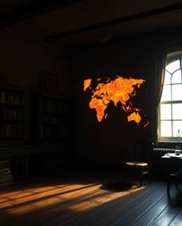 A captivating image of a glowing map projected onto a wall in an old study, creating a mesmerizing flow state. The vibrant ba