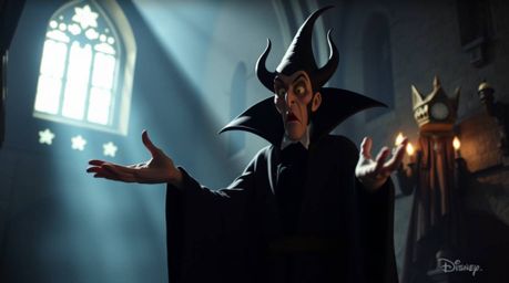 A captivating photograph featuring a classic Disney villain conjuring a spell within the aged walls of an old castle. The sc