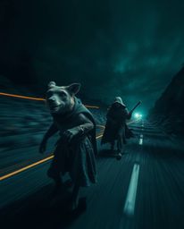 A captivating long-exposure photograph depicts a talking animal sidekick assisting a hero on a perilous journey.  The image s