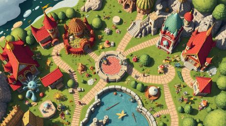 Explore a whimsical fantasy kingdom from an overhead perspective, showcasing distinct sections filled with quirky magical cre